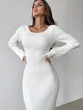 GORUNRUN Knitwear Ribbed Hollow Out Long Dress Women's Twist Long Sleeve Patchwork Slim Elegant Knit Dress Party Looks Maxi Dress