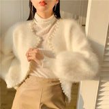 GORUNRUN-Vintage Pearls Knitted Cardigan Women Mink Cashmere Sweater Coat Korean Sweet Cropped Patchwork Knitwear Elegant Jumper Tops New