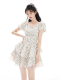 Gorunrun-hoco dresses -hoco dresses -Korean Sweet Dress Women France Vintage Elegant Party Mini Dresses Female Print Casual Fairy Dress Summer