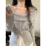 GORUNRUN-Elegant Slash Neck Sweater Women Sexy Off Shoulder Knitted Pullovers Y2K Streetwear Slim Knitwear Korean Basic All Match Jumpers