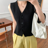 GORUNRUN-V-neck Knitted Suit Vest Women Black Beige 2023 Summer Sleeveless Corset Vest Tops