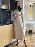 GORUNRUN Ribbed High Waist Slim Maxi Dress For Women Knitwear Lapel Casual Elegant Party Dress Gown Fashion Short Sleeve Knit Dress