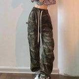 GORUNRUN Vintage Camouflage Cargo Pants Women Harajuku High Waist Straight Wide Leg Trousers Bf Drawstring Loose Casual Sweatpants