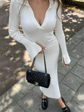 GORUNRUN White High Waist Knitwear Dress Fashion Women Rib Lapel Autumn 2023 Slim Elegant Long Dress Casual Knit Solid Party Dress