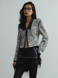 Gorunrun- White Sequins Shining Leather Short Jacket New Lapel Long Sleeve Women Coat Fashion Tide Spring Autumn