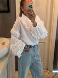 GORUNRUN White Ruffled Casual Shirts For Women Fashion Patchwork Cardigan Lapel Long Sleeve Outwear Slim Ladies Shirts 2024 New