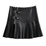 GORUNRUN-Punk Leather Skirt Women Y2k Streetwear Low Waist A-line Split Rivet Zipper Sexy Pleated Mini Skirt Summer Night Club