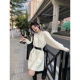 Gorunrun-hoco dresses -hoco dresses -Vintage Belt Knitted Mini Dress Women Streetwear Loose Sweater A Line Dresses Korean Elegant Solid Casual All Match Vestidos New