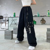 GORUNRUN Gothic Cargo Pants Women Streetwear Harajuku Belt Chain Wide Leg Sweatpants Y2K Punk Hip Hop Baggy Casual Joggers Trousers