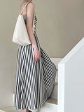 Gorunrun- Women Black Striped Elastic Pleated Elegant Long Strap Dress New Sleeveless Fashion Tide Spring Summer