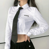 GORUNRUN-Cropped White Shirts Women Japanese Jk Tie Long Sleeve Blouses Harajuku Preppy Korean Fashion Slim All Match Sexy Crop Tops New