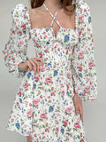 GORUNRUN  Floral Dress Women Lantern Long Sleeve Ruched Print A Line Square Neck Tie Up Mini Vestidos Sexy Chic Summer Beach Dress