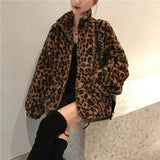 GORUNRUN Autumn Fuzzy Leopard Print Jacket Women Fashion Stand Collar Warm Parkas Outwear Winter Korean Female Loose Faux Fur Coats New