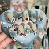 Gorunrun-Fall Nails DIY 10Pcs Handmade Press on Nails French Almond Full Cover Cherries and Bow Design Fake Nails Sweet Cute Manicure Nail For Women