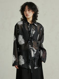 Gorunrun- Women Black Printed Perspective Big Size Thin Blouse New Lapel Long Sleeve Shirt Fashion Tide Spring Autumn