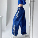 GORUNRUN Striped Sweatpants Women Hip Hop Streetwear Baggy Wide Leg Cargo Pants Bf Y2K High Waist Drawstring Joggers Trousers