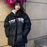 GORUNRUN-Streetwear Parkas Women Pu Leather Down Coats Winter Plus Size Letter Puffer Jacket Korean Thick Cotton Padded Outwear Couple