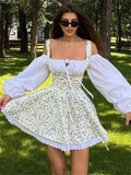 Gorunrun-hoco dresses -hoco dresses  Printed Bandeau 2 Piece-Set Mini Dress Female Lace Patchwork Off-Shoulder Summer Square Collar Fashion Party Female Dress