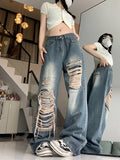 GORUNRUN-Y2K Style Vintage Distressed Ripped Blue Jeans For Women High Waist Patch Loose Mop Trousers Streetwear Women Clothing Y2k Pants