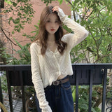 GORUNRUN-Sweet Shirts Women Sun Proof Lace Long Sleeve Slim Chic Blouses Korean Fashion V Neck Casual All Match Sunscreen Crop Tops New