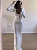 GORUNRUN V-Neck High Waist Slim Maxi Dress Female Solid Bandage Elegant Fashion Long Sleeve Sexy Party Dress Summer Long Dress 2024