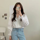 GORUNRUN-Elegant Blue Shirts Women V Neck White Puff Long Sleeve Blouses Streetwear Korean Fashion Casual All Match Tops Spring Autumn