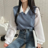 Gorunrun-False Two-piece Polo Collar Women's Blouse Spring Casual Korean Shirt Y2k Tops Streetwear Loose Female Pullovers Elegant Blouses