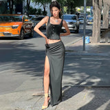 GORUNRUN-2024 spring summer new women's fashionable and sexy temperament street shooting U-neck suspender top slit half-length skirt suit