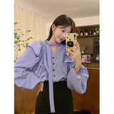 GORUNRUN-Elegant Ruffles Shirts Women Korean V Neck Lantern Long Sleeve Blouses Office Lady Fashion Bandage Single Breasted Chic Tops New