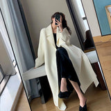 GORUNRUN-Elegant Midi Wool Blends Coat Women Korean Thicken Long Bandage Jackets Oversized Lace Up Outwear White Cardigan Woolen Overcoat