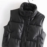 GORUNRUN-Puffy Vest Women Streetwear Winter Thick Parkas Jacket Black Pu Female Coats Faux Leather Down Waistcoat Fashion Loose Lady Vest