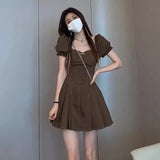 Gorunrun-hoco dresses -hoco dresses -Vintage Pleated Mini Dress Women Y2K Square Collar One Pieces Dresses Streetwear Korean Puff Short Sleeve Bodycon Vestidos New