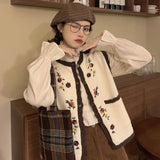 GORUNRUN-Sweet Knitted Vests Women Floral Embroidered Sleeveless Cardigan Sweater Vintage Patchwork Waistcoat Korean Casual Knitwear Tank