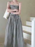 Gorunrun- Women Black Striped Elastic Pleated Elegant Long Strap Dress New Sleeveless Fashion Tide Spring Summer