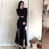 GORUNRUN-Irregular Split Midi Skirts Women Y2K Sexy Slit A Line Skirt Streetwear Korean Black High Waist Slim Trumpet Mermaid Skirt New