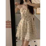 Gorunrun-hoco dresses -hoco dresses -Sweet Floral Mini Dress Women Korean Ruffles Spaghetti Strap One Pieces Dresses Vacation Beach Fashion Bodycon A Line Vestidos