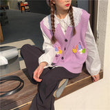 GORUNRUN-Sweet Flower Sweater Vest Women Print Sleeveless Knitted Cardigan Preppy Cute Waistcoat Knitwear Korean Loose Casual Jumpers New