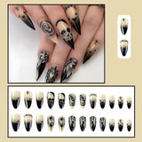 Gorunrun-Halloween Nails Rose Rhinestone Halloween Fake Nails Full Cover False Nails Detachable Press on Nails Long Ballet Nail Women Girl 24pcs Nail Art