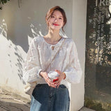 GORUNRUN-Elegant Sweet White Shirts Women Korean Floral Embroidery Puff Long Sleeve Blouses Office Ladies Fashion Streetwear Chic Tops