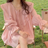 GORUNRUN-Elegant Ruffles Pink Shirts Women Korean White Flare Long Sleeve Blouses Fashion Fairycore Sweet V Neck Casual Tops Summer New