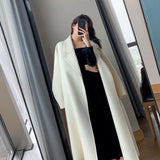 GORUNRUN-Elegant Midi Wool Blends Coat Women Korean Thicken Long Bandage Jackets Oversized Lace Up Outwear White Cardigan Woolen Overcoat