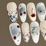 Gorunrun-Fall Nails DIY 10Pcs Handmade Press on Nails French Almond Full Cover Cherries and Bow Design Fake Nails Sweet Cute Manicure Nail For Women