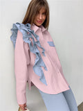 GORUNRUN Ruffled Patchwork Fashion Shirts For Women Pocket Lapel Casual Long Sleeve Cardigan Elegant Contrast Female Blouse Y2k Top