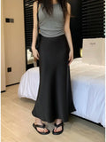 GORUNRUN Black Satin Ruffled Maxi Skirt For Women High Waist Slim Fashion Solid Elegant Long Skirt Cute Summer Ladies Maxi Skirt