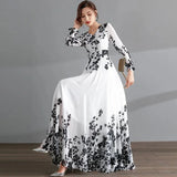 GORUNRUN-Ink Painting Long-Sleeved Chiffon Dress Women Spring Summer New Temperament Is Thin and Long Large Swing Holiday Long Skirt