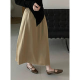 GORUNRUN-Korean Solid Color Midi Sjirt Women's Elastic Waist Satin A-line Skirt