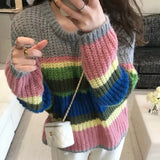 GORUNRUN-Y2K Striped Sweater Women Rainbow Patchwork Knitted Jumper Streetwear Harajuku Oversized Casual Knitwear Korean Pullovers Tops