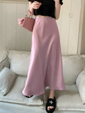 GORUNRUN Satin Solid Fashion Long Skirt Slim For Women Elegant Patchwork Party Skirt Gown Summer Zipper Ladies Satin Maxi Skirt