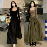 Gorunrun-Spring 2023 New Hepburn Style Gentle Temperament Pocket Waist Slim Panel Large Hemline Long Sleeve Dress