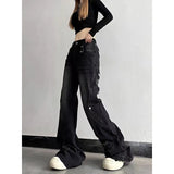 GORUNRUN-Y2K Style Black American Retro Micro Flared Holes Jeans for Women Spring and Summer High Street Slimming Low Waist Wide Leg Mop Pants